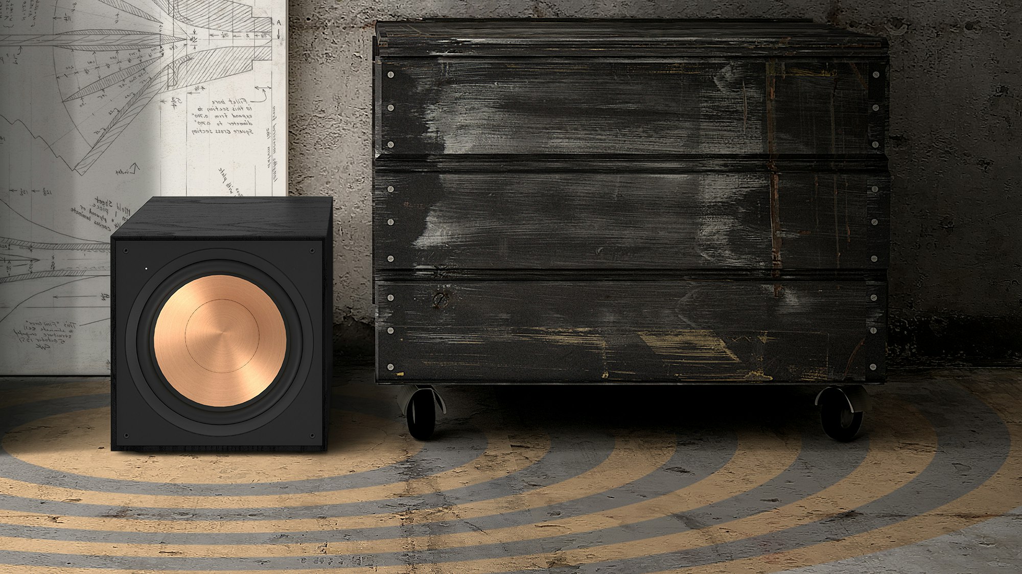 Reference Subwoofer R-121SW next to a dresser